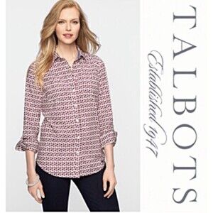 Talbots Women Size 10 Apple Print Roll Tab Sleeve Button Down Shirt Office Boho